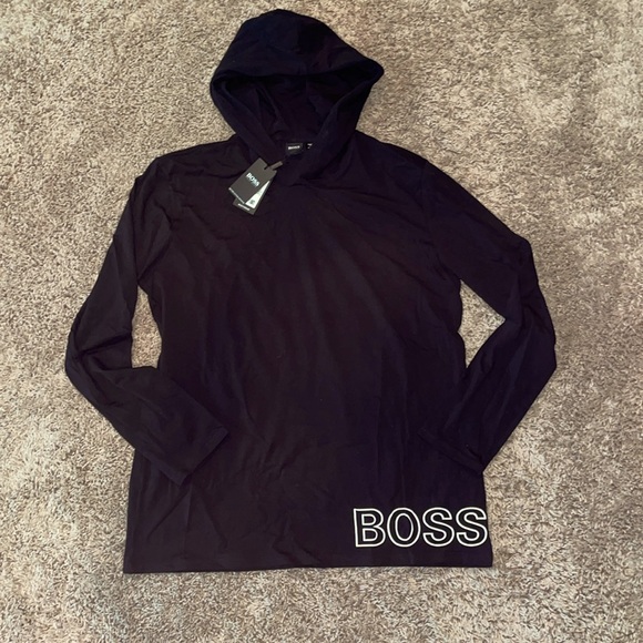 NWT black Hugo Boss pullover hoodie tee size large - Picture 1 of 3